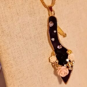 Betsey Johnson Black Heel Flower Shoe Ball Chain Necklace w/Tags